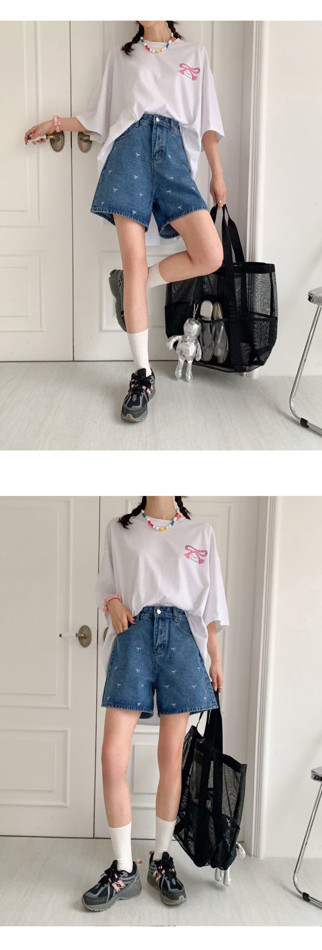 리본자수 데님반바지 (Ribbon Embroidery Denim Shorts)
