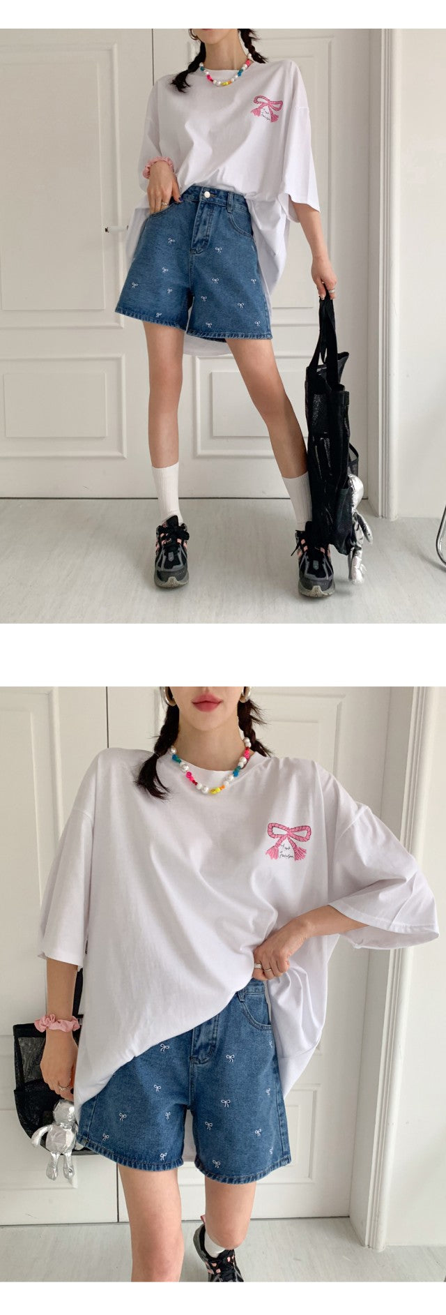 리본자수 데님반바지 (Ribbon Embroidery Denim Shorts)