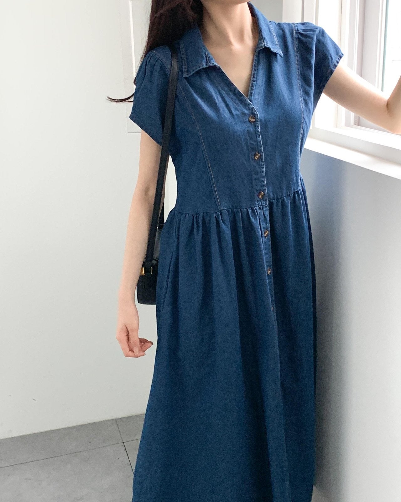카라오픈 청 원피스 (Open Collar Denim Dress)