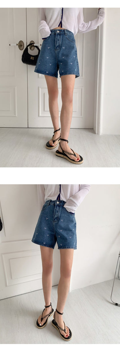 리본자수 데님반바지 (Ribbon Embroidery Denim Shorts)
