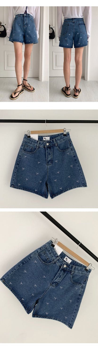 리본자수 데님반바지 (Ribbon Embroidery Denim Shorts)