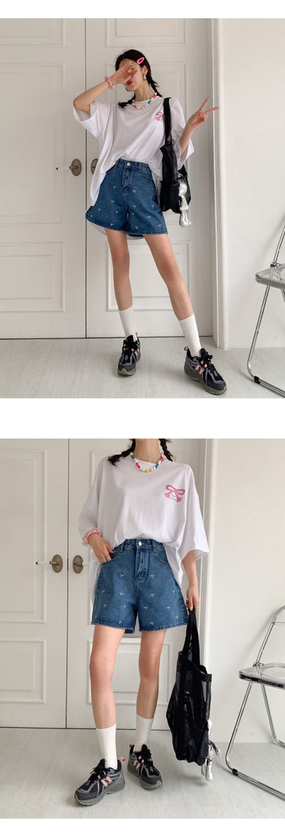 리본자수 데님반바지 (Ribbon Embroidery Denim Shorts)