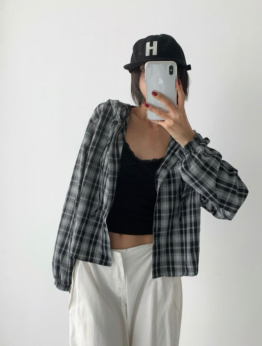크롭 체크 후드셔츠 (Crop Checkered Hood Shirt)