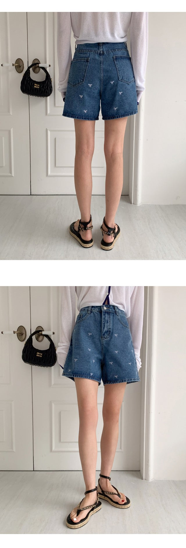 리본자수 데님반바지 (Ribbon Embroidery Denim Shorts)
