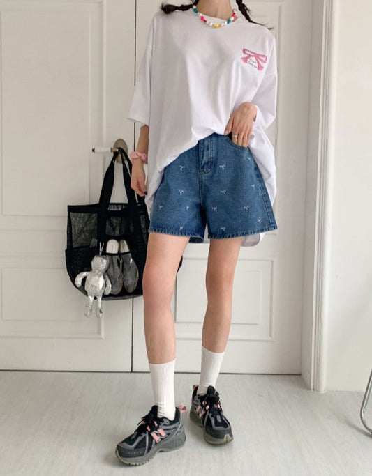 리본자수 데님반바지 (Ribbon Embroidery Denim Shorts)