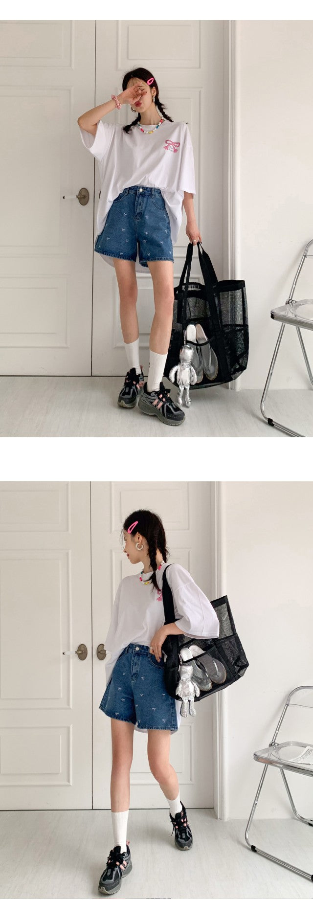 리본자수 데님반바지 (Ribbon Embroidery Denim Shorts)