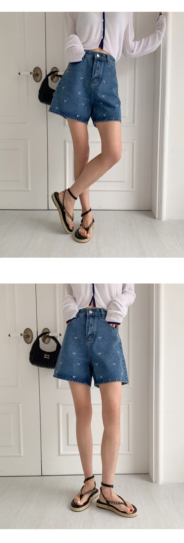 리본자수 데님반바지 (Ribbon Embroidery Denim Shorts)