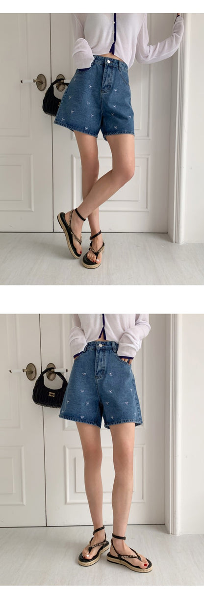 리본자수 데님반바지 (Ribbon Embroidery Denim Shorts)